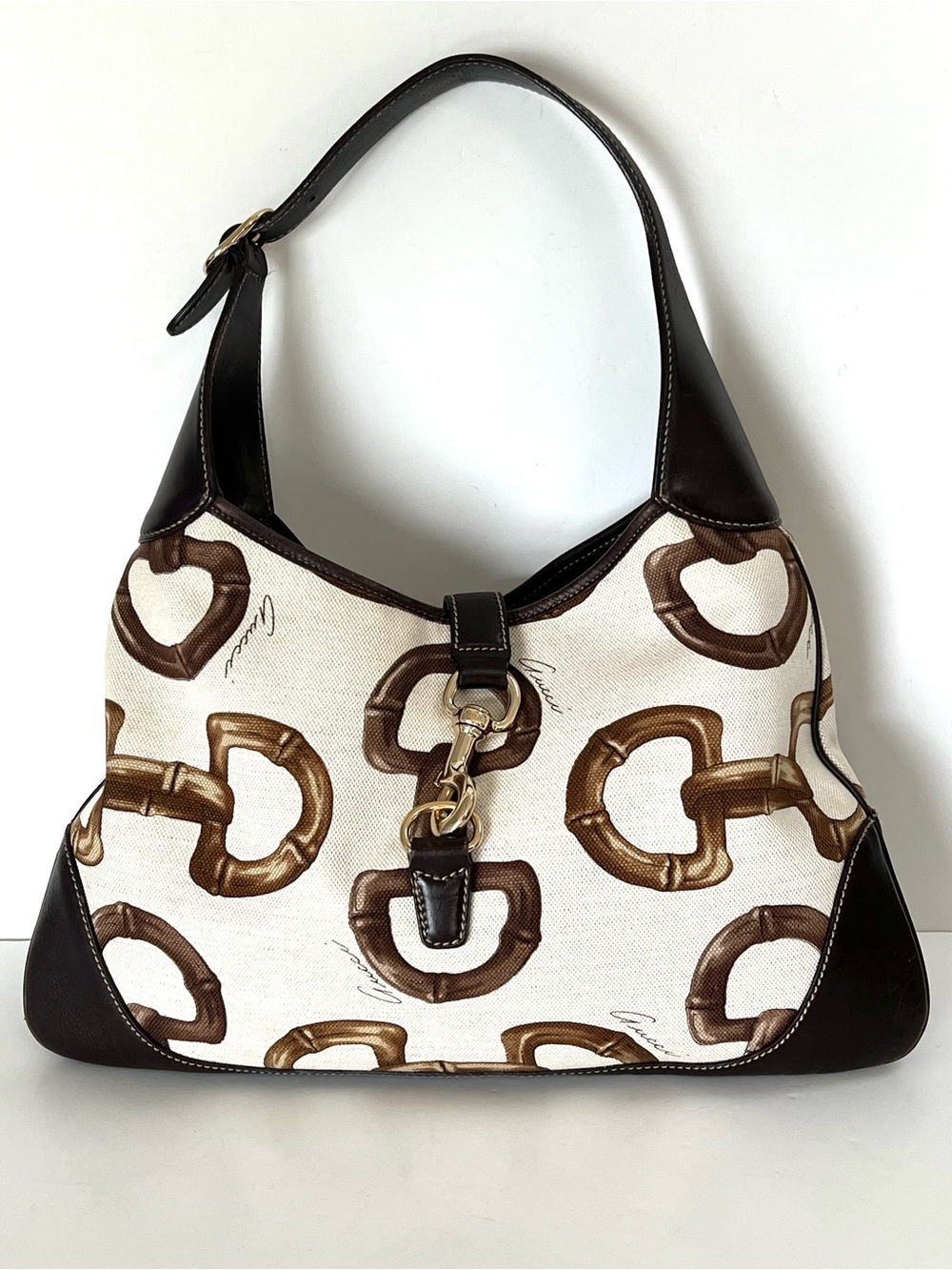 Gucci Jackie O Vintage Horsebit Bamboo Print Canvas Leather Bag